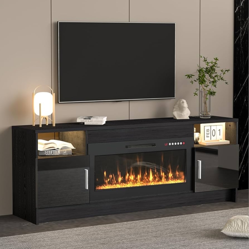 Black Wood Grain TV Stand with LED Lit Shelves