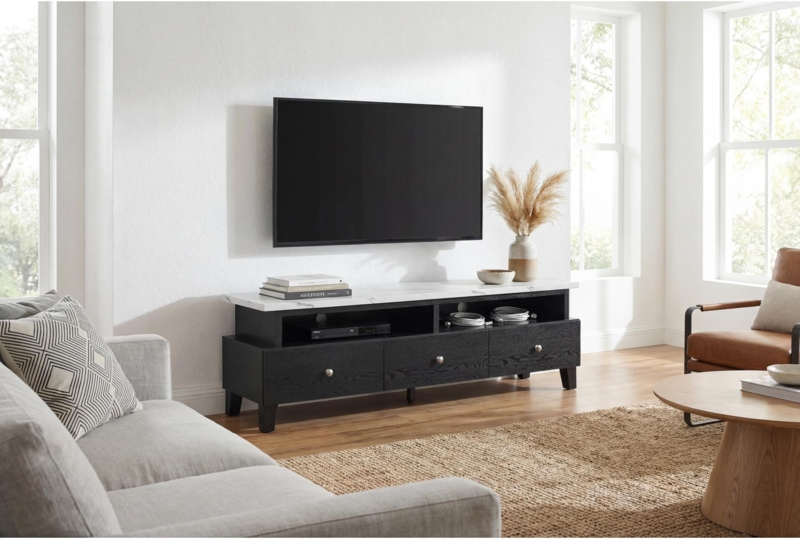 Black Wood Grain TV Stand with White Stone-Like Top and Round Knobs