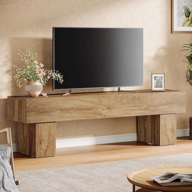 Block Pedestal TV Stand Low Profile Light Oak Media Console