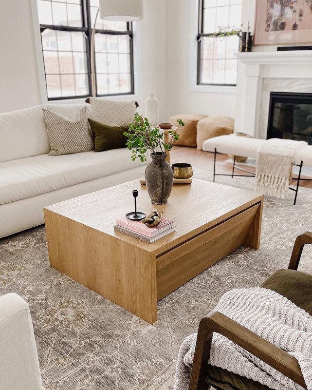 Block Silhouette Coffee Table in Light Wood Finish with Storage Drawer