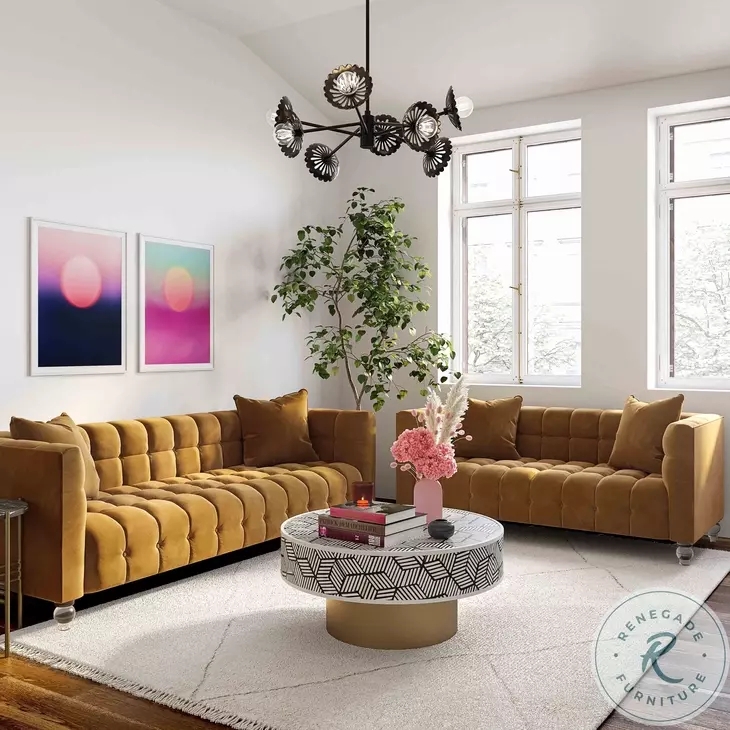 Block Tufted Sofa in Cognac Velvet with Clear Acrylic Legs Glam Style