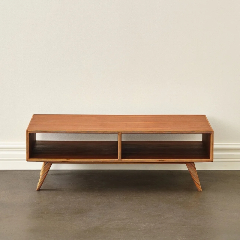 Blonde Mid-Century Modern Coffee Table Slatted Shelf Tapered Legs