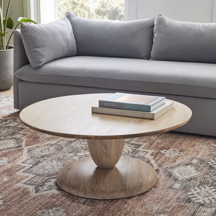 Blonde Wood Coffee Table Round Sculptural Pedestal Scandinavian Style