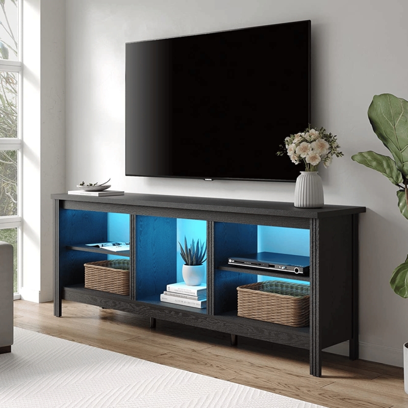 Blue Backlit Media Console with Black Wood Grain Finish.