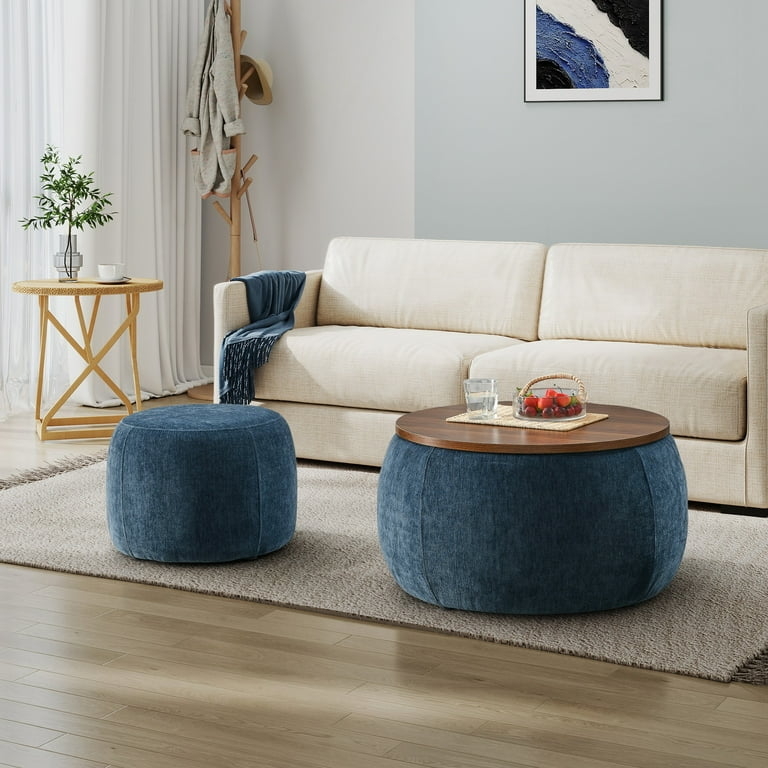Blue Chenille Storage Ottoman Set Wood Top Coffee Table