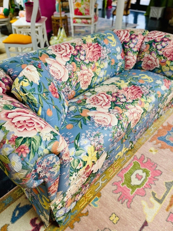 Blue Chintz Fabric Sofa with Skirted Base, Grandmillennial Style