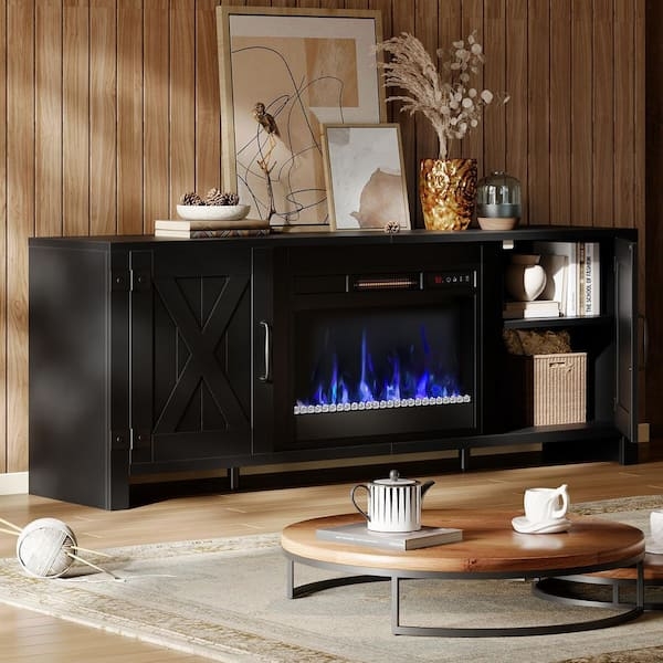 Blue Flame Fireplace TV Stand with X-Brace Barn Doors