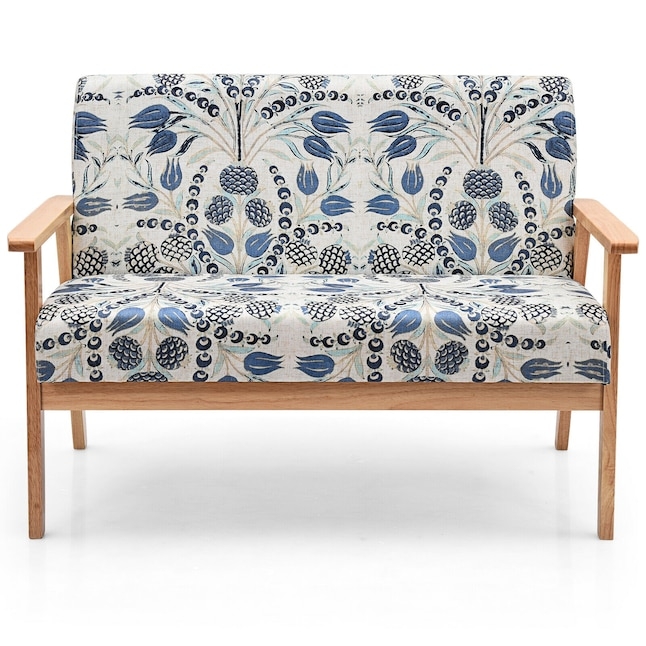 Blue Floral Loveseat, Navy and White Linen Texture with Tapered Legs