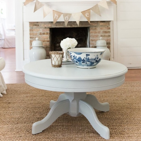 Blue Gray Coffee Table Round Pedestal Beaded Apron Coastal Farmhouse