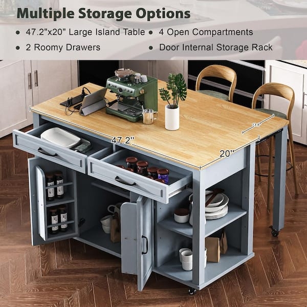 Blue Kitchen Island With Extendable Leaf And Door Storage Rack