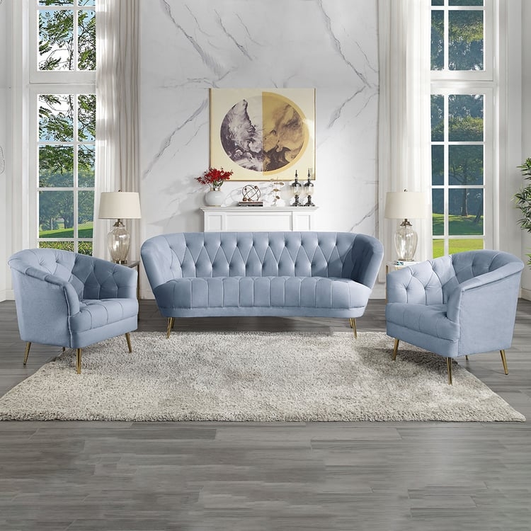Blue Tufted Sofa Set featuring Gold Tapered Legs and Modern Chic Style
