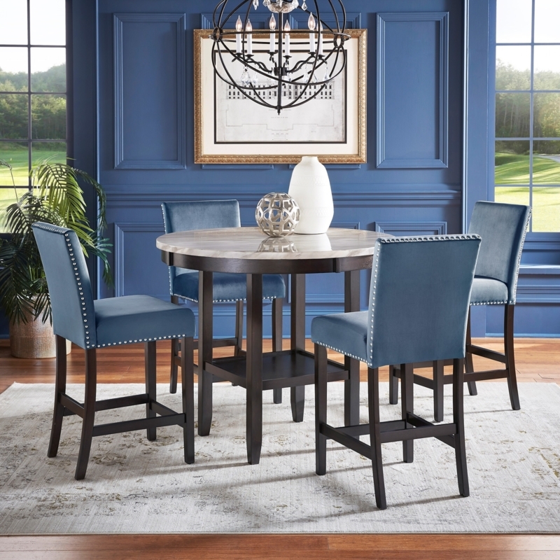 Blue Upholstered Dining Set, Nailhead Trim, Round Marble Top Table.