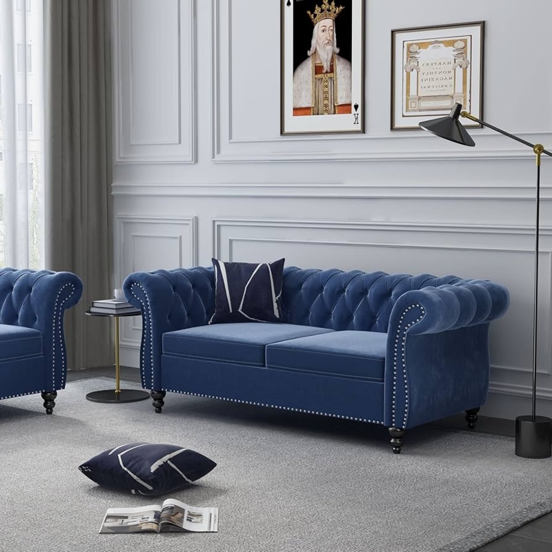 Blue Velvet Chesterfield Loveseat with Silver Nailhead Trim