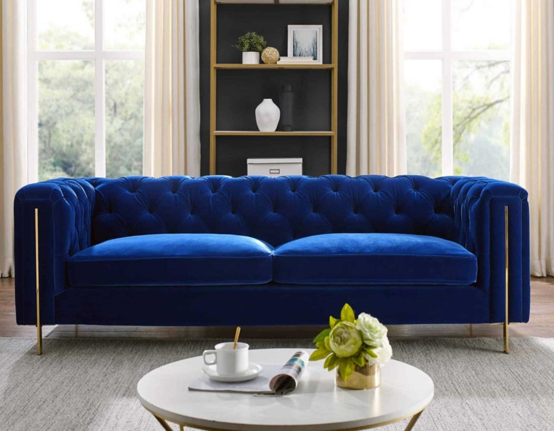 Blue Velvet Chesterfield Sofa, Deep Tufting, Gold Metal Legs