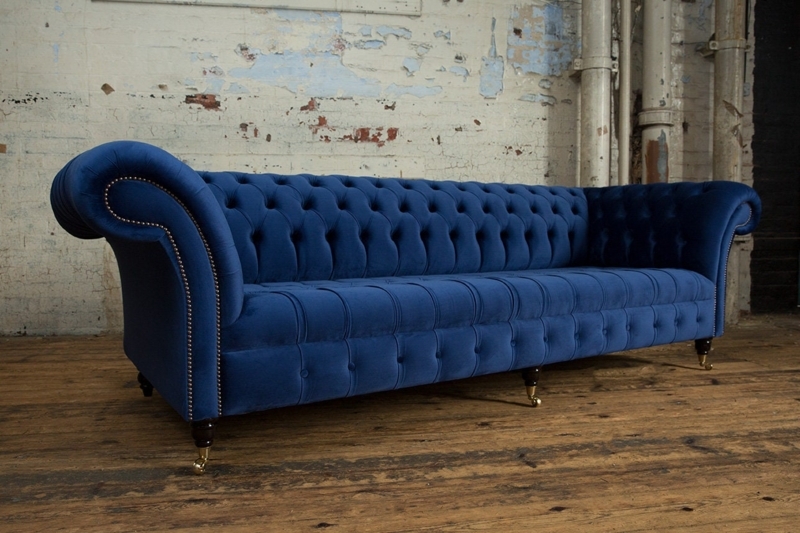 Blue Velvet Chesterfield Sofa with Brass Casters