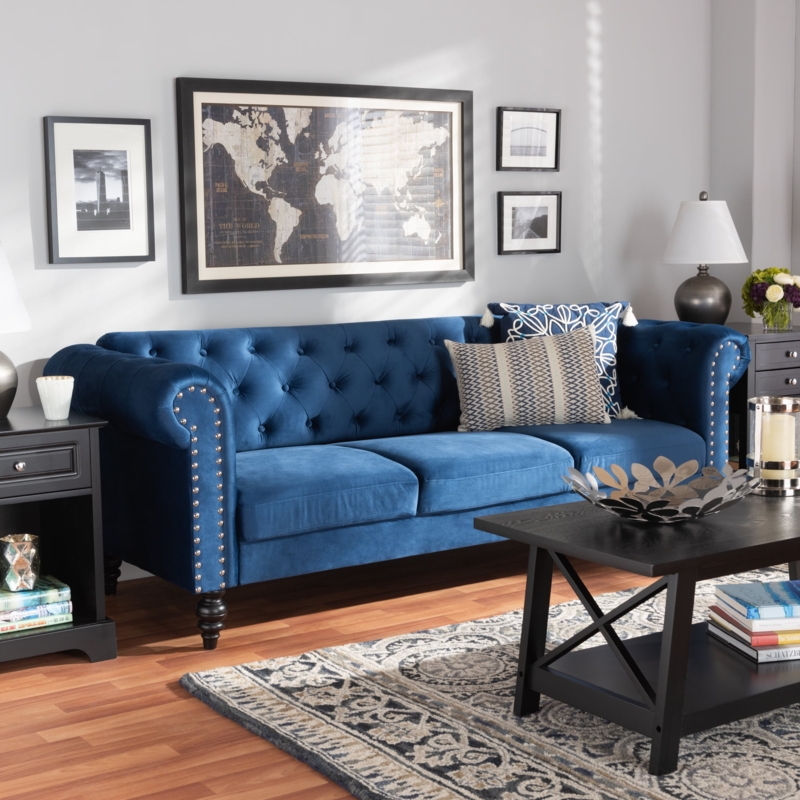 Blue Velvet Chesterfield Sofa with Classic Button Tufted Back