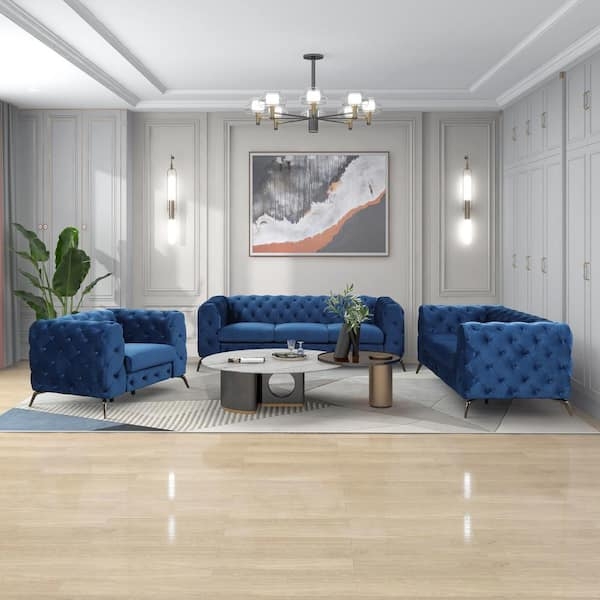 Blue Velvet Living Room Set Tuxedo Arms Gold Metal Legs