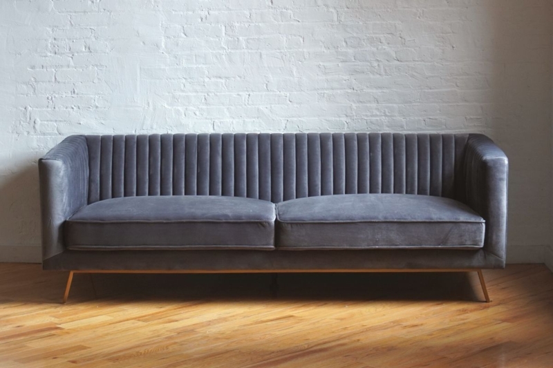 Blue Velvet Sofa Channel Tufted Tuxedo Arms Gold Tapered Legs