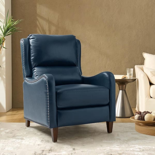 Blue Wingback Recliner Push Back Deep Navy Leather Nailhead Trim