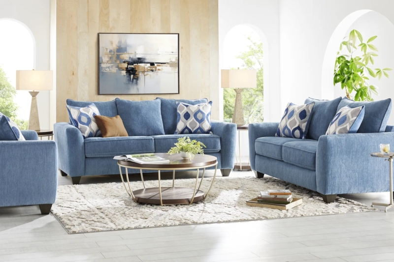Blue Woven Loveseat with Contemporary Sofa Set in Airy Living Room