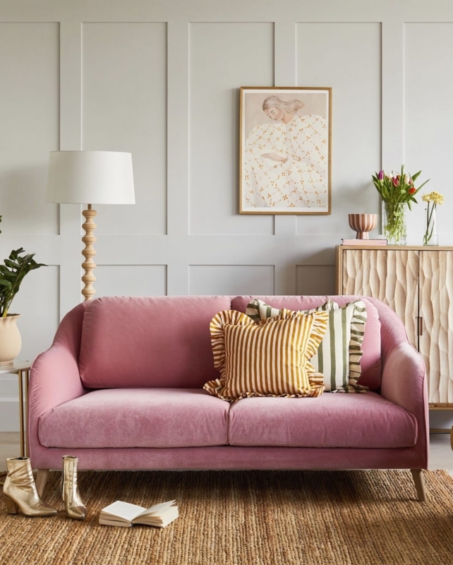 Blush Pink Loveseat Transitional Style Ruffled Striped Pillows