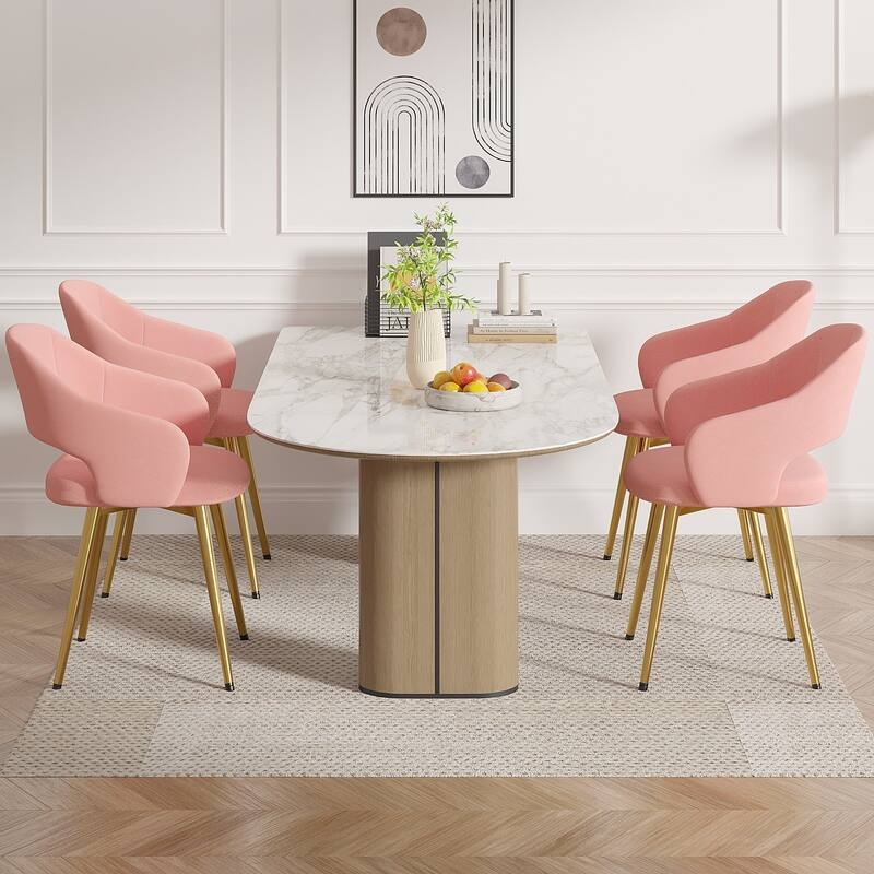 Blush Pink Velvet Chairs with Marble Oval Dining Table
