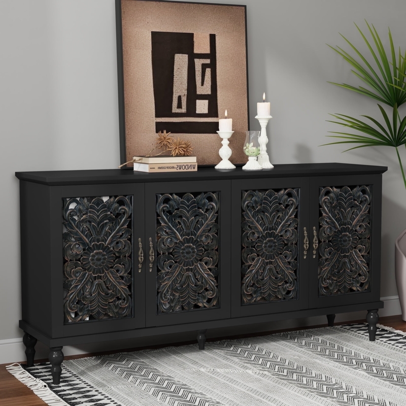 Bohemian Buffet Cabinet with Intricate Floral Carvings