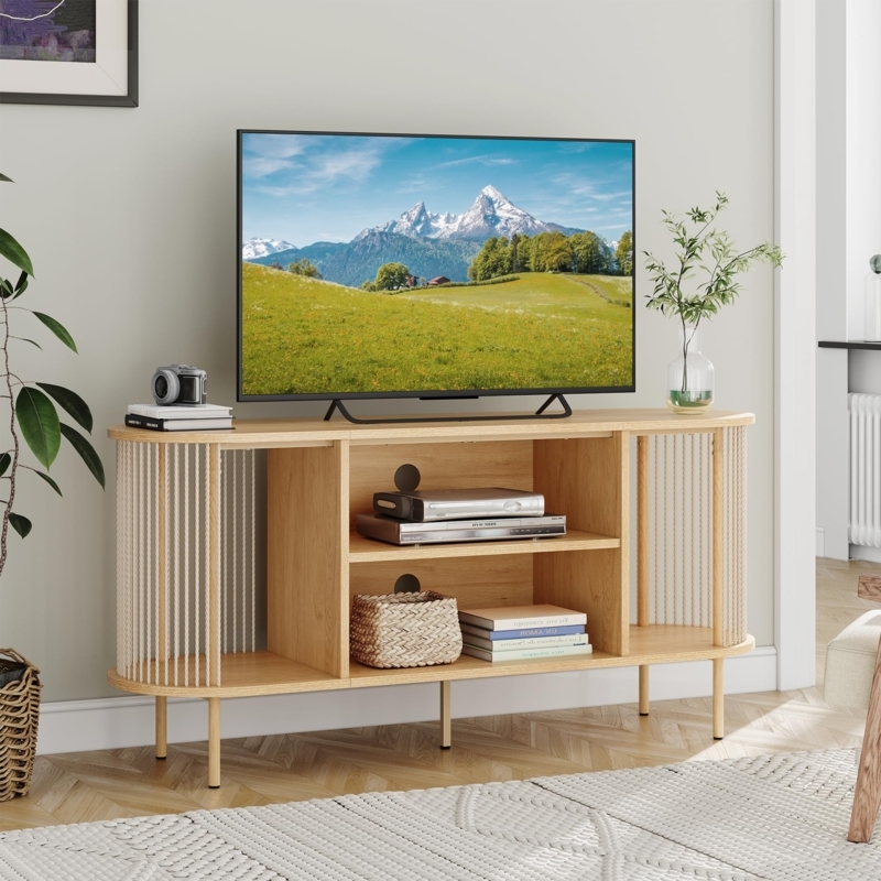 Bohemian Wood TV Stand featuring Rope Woven Sides and Curved Silhouette