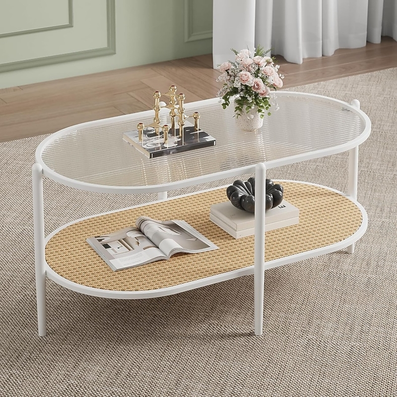 Boho Oval Coffee Table Ribbed Glass Top Rattan Cane Shelf White