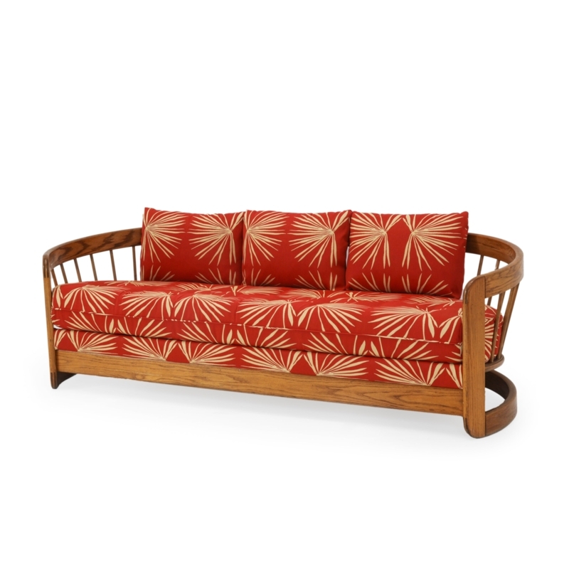 Boho Spindle Back Sofa with Curved Wood Frame Tropical Palm Print