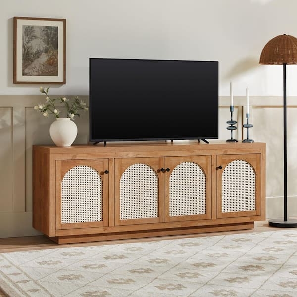 Boho TV Stand featuring Arched Rattan Doors and Four Door Design