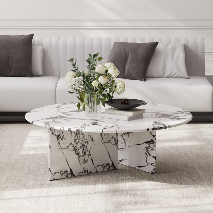 Bold Veined Marble Coffee Table with Intersecting Slab Base