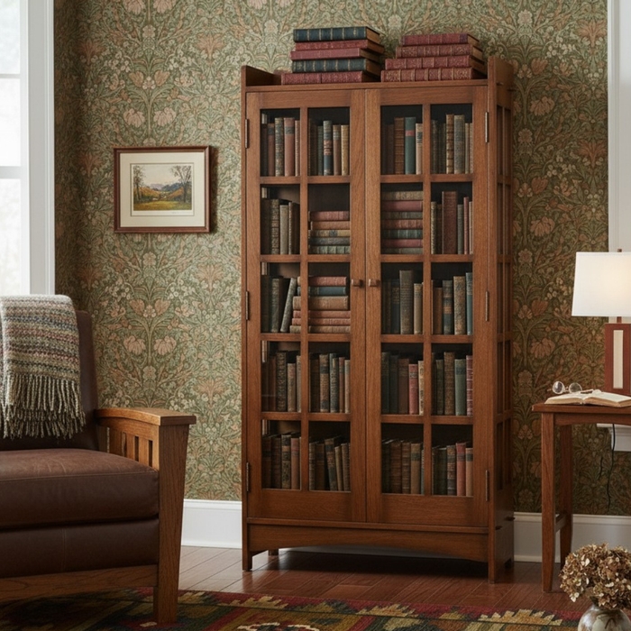 Bookcase Mission Style Dark Walnut Mullion Glass Doors Craftsman