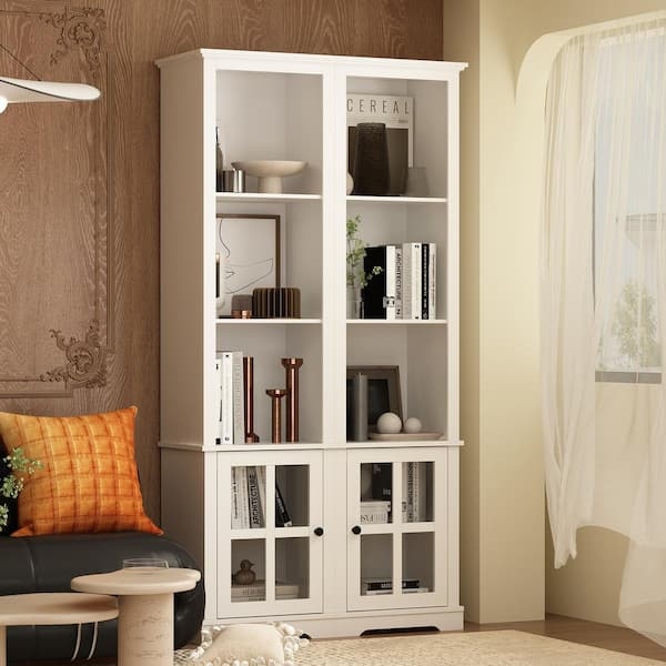 Bookcase Tall Display Hutch White Mullion Glass Doors Wood Accent Shelves
