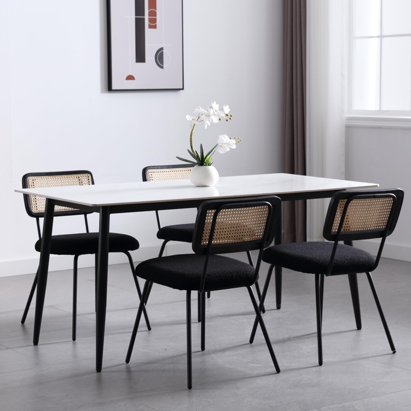 Boucle Seat Dining Chairs with Cane Back and Metal Legs