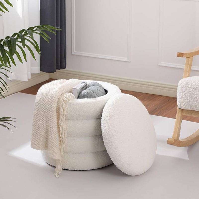 Boucle Storage Ottoman with Unique Tiered Base Design for Living Room