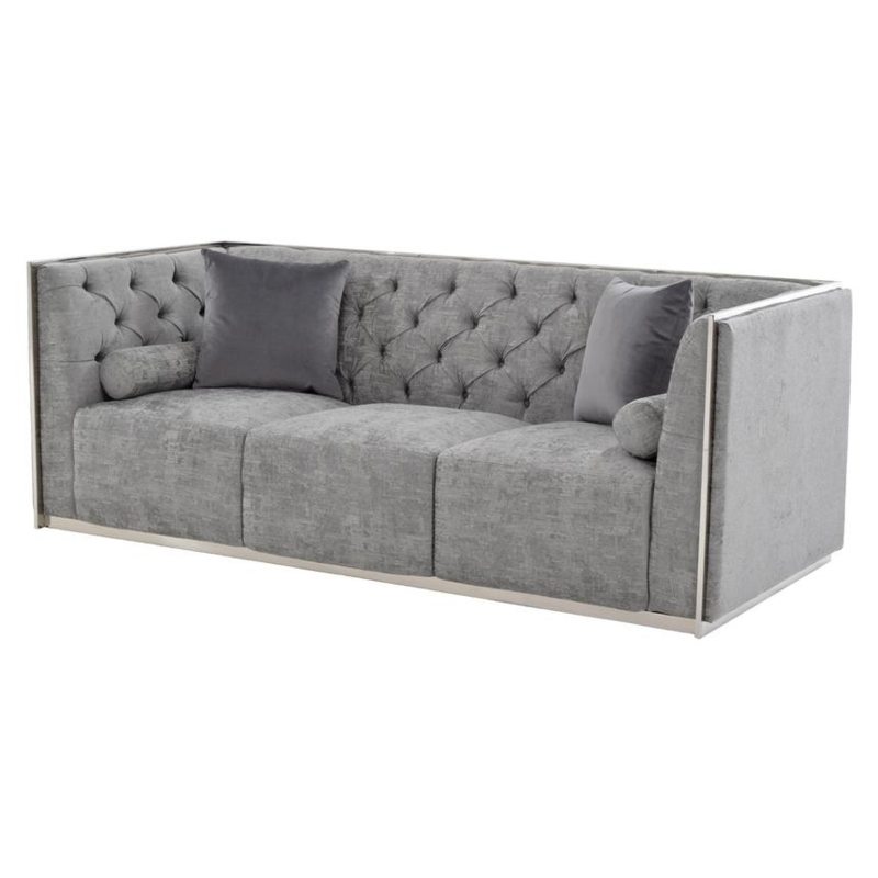 Boxy Gray Tufted Sofa with Sleek Metal Base Frame