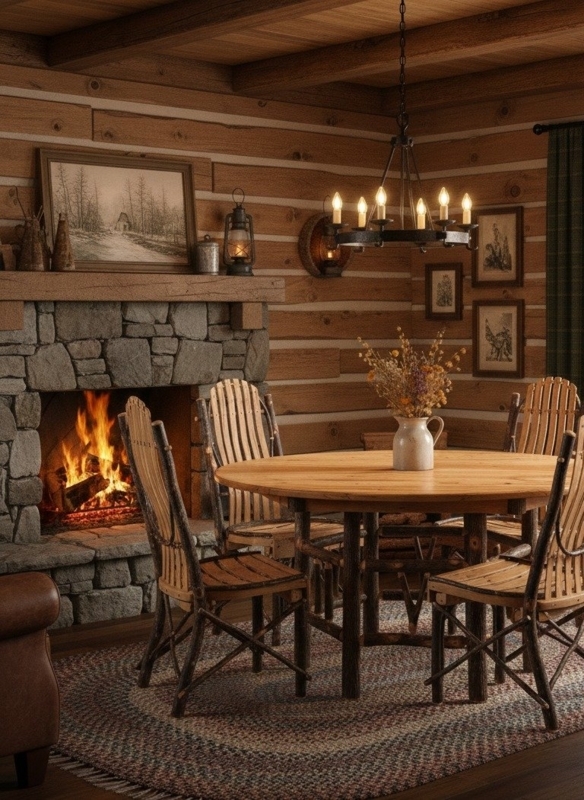 Branch Like Legs Dining Set Slat Back Chairs Lodge Style Wood Toned