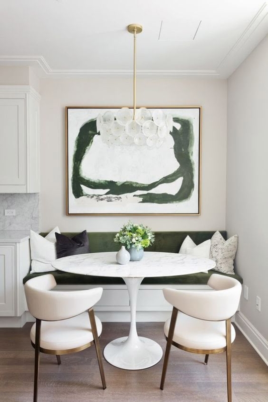 Breakfast Nook Green Velvet Banquette Marble Pedestal Dining Table