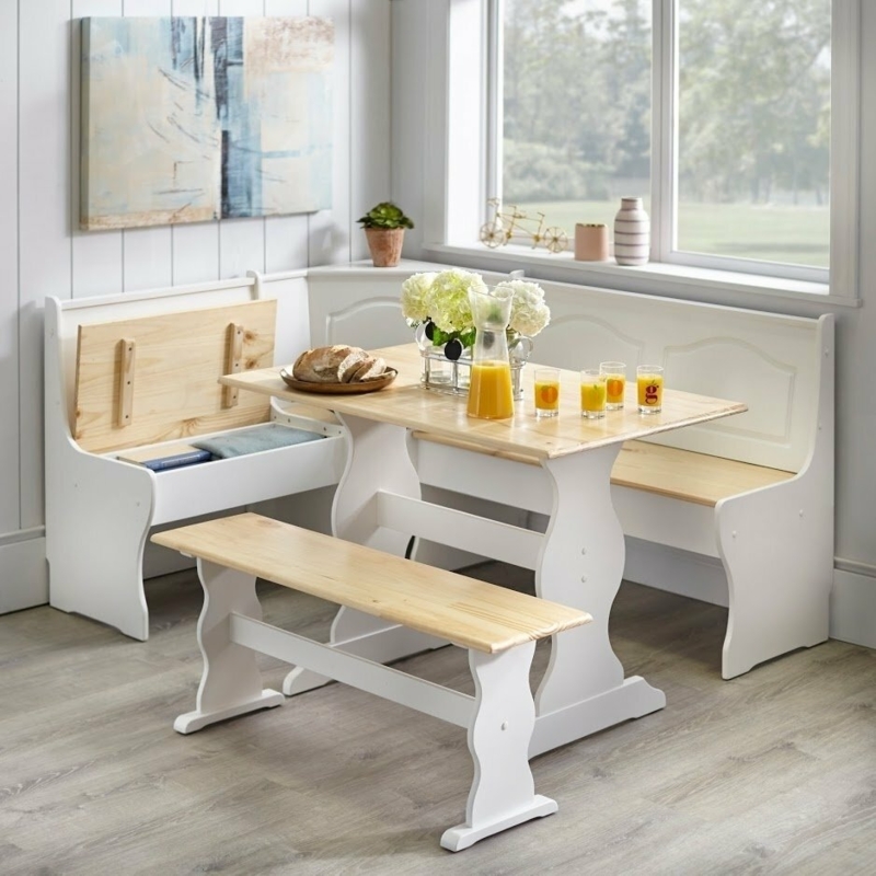 Breakfast Nook Set Cottage Style Hidden Storage Bench Two-Tone Wood
