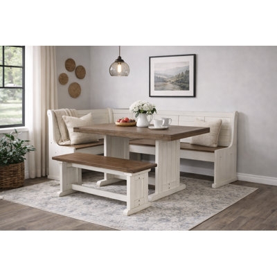 Breakfast Nook Set Farmhouse Whitewashed Corner Trestle Table