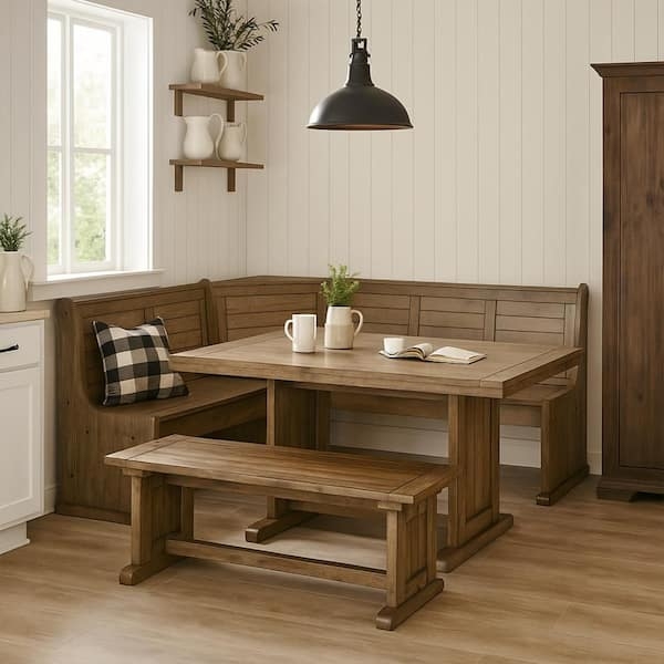 Breakfast Nook Set L-Shaped Bench Trestle Base Paneled Back