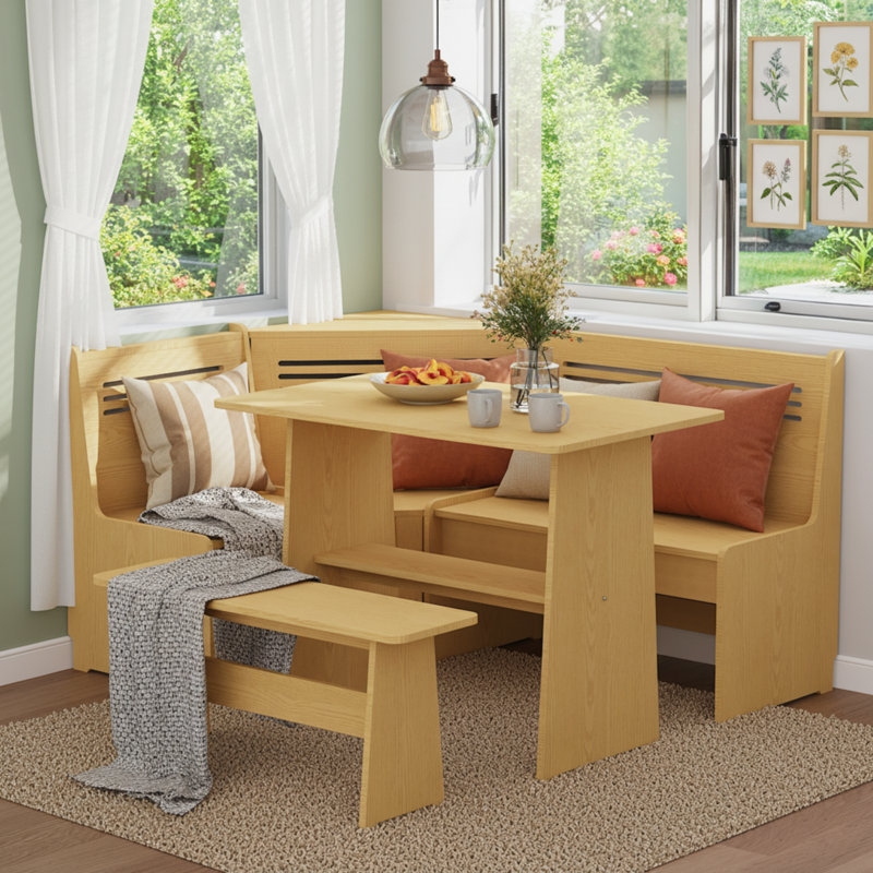 Breakfast Nook Set Slatted Backrest Integrated Shelf L-Shaped Bench