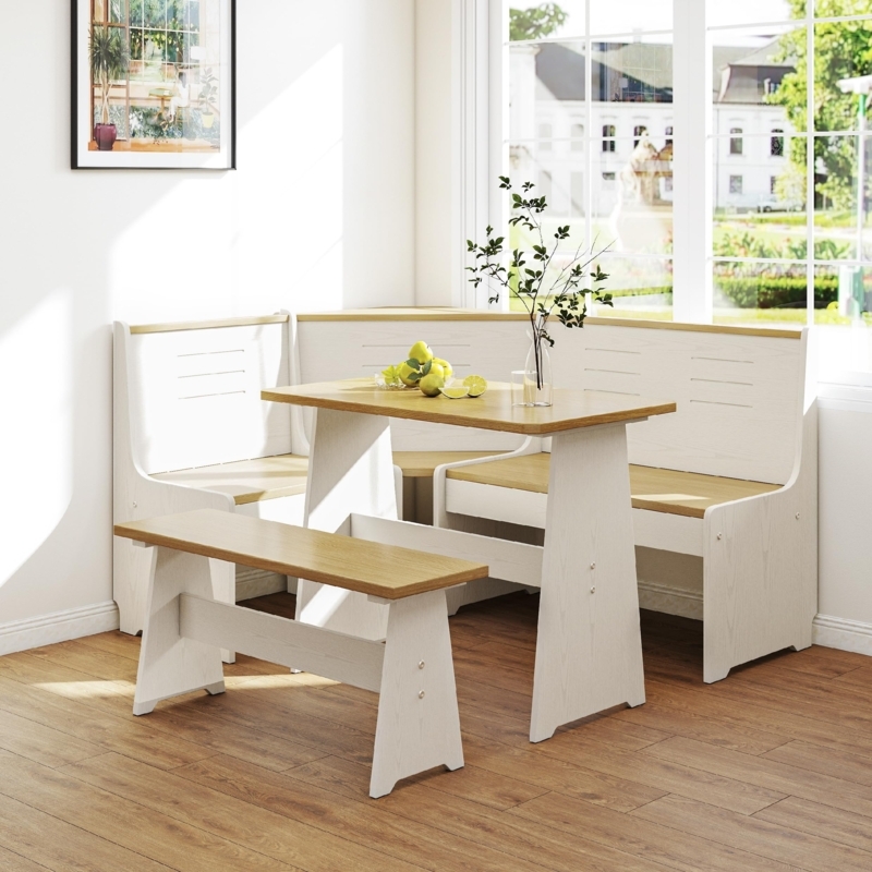 Breakfast Nook Set White and Oak Finish L-Shaped Bench