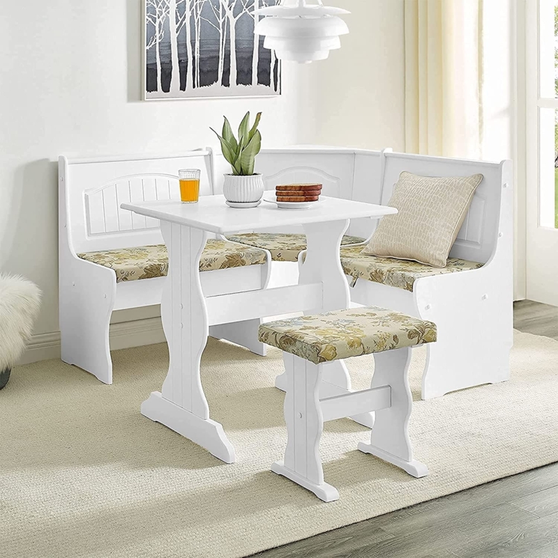 Breakfast Nook with Floral Cushions, Beaded Back Detail, White Finish