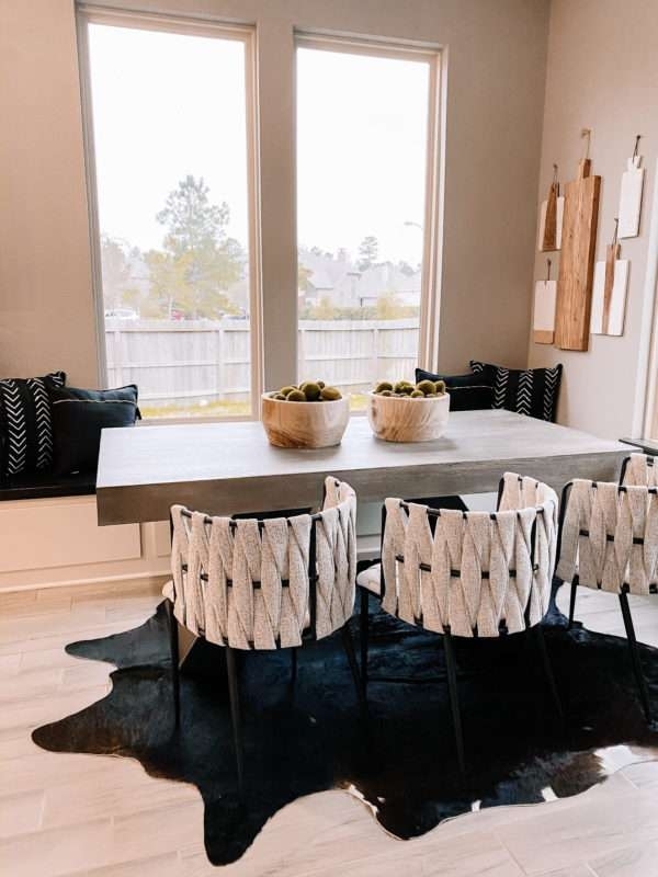 Breakfast Nook Woven Back Chairs Cowhide Rug Organic Gray