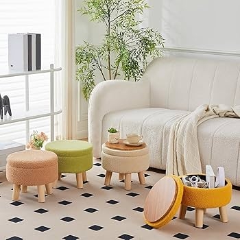 Brilliant Yellow Teddy Velvet Storage Ottoman Wood Legs Tray