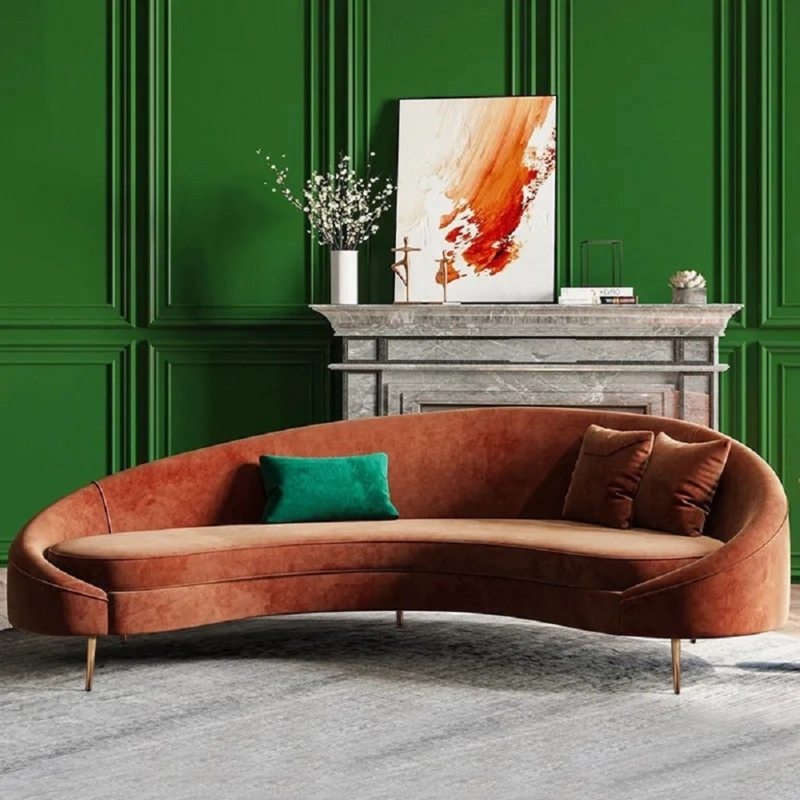 Bronze Velvet Curved Sofa Three Seater Gold Legs