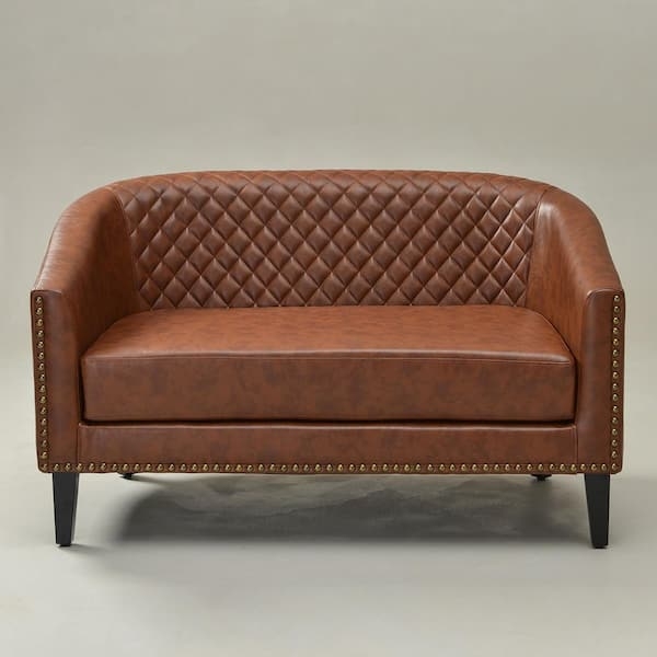 Brown Barrel Back Loveseat, Diamond Tufting, Nailhead Trim
