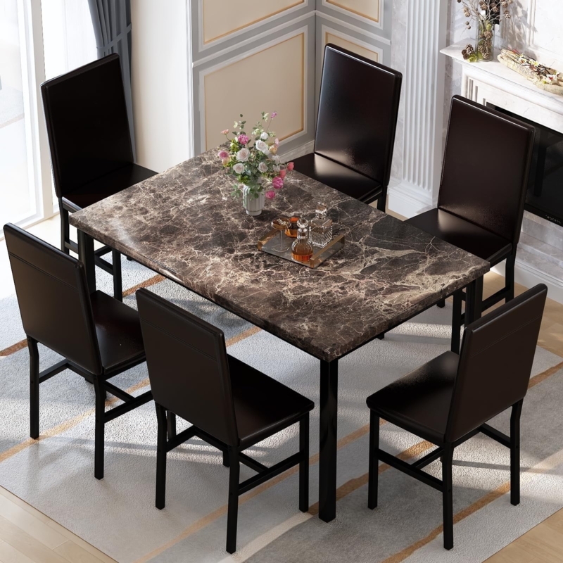 Brown Faux Marble Dining Table Set with Slim Black Frame